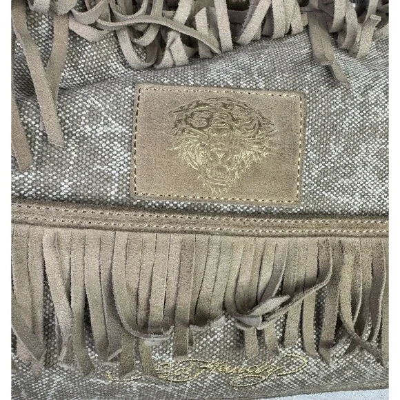 Ed Hardy Fringe Studded Purse Suede Leather Canvas Embroidered Boho Western - Picture 13 of 16